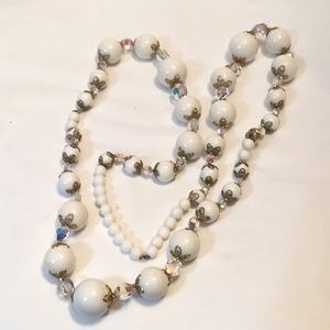 Vintage White Beaded & Austrian Crystal Necklace